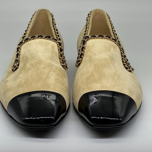 CHANEL 21A Suede Patent Cap Toe Chain Trim CC Loafers Flat Shoes - Picture 5 of 16